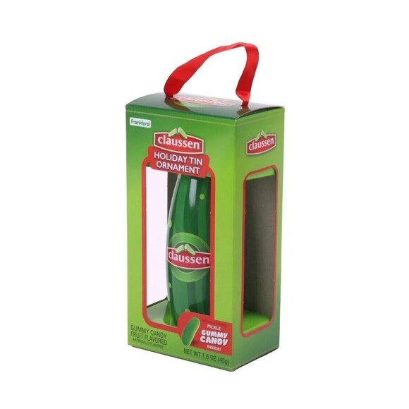 Claussen Dill Pickle Decoupage 4" Christmas Tin Ornament with Gummy Candy NIB - Picture 2 of 5